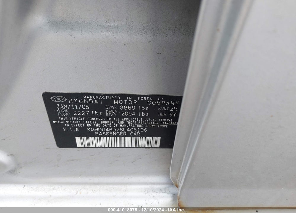 2008 HYUNDAI ELANTRA GLS/SE VIN: KMHDU46D78U406106