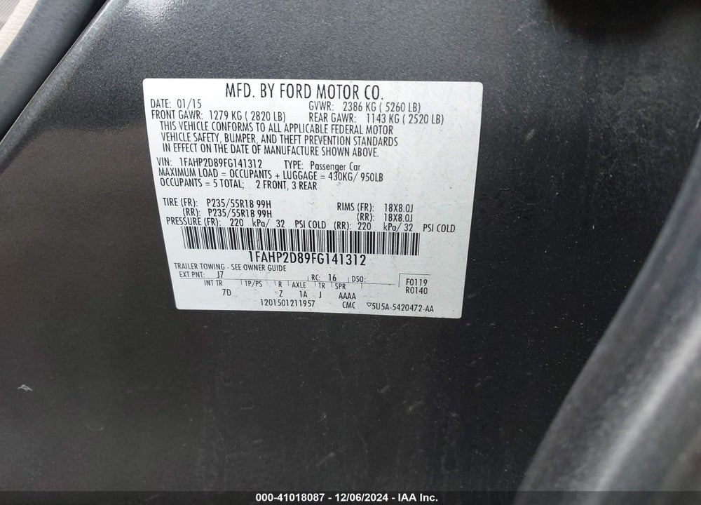 2015 FORD TAURUS SE VIN: 1FAHP2D89FG141312