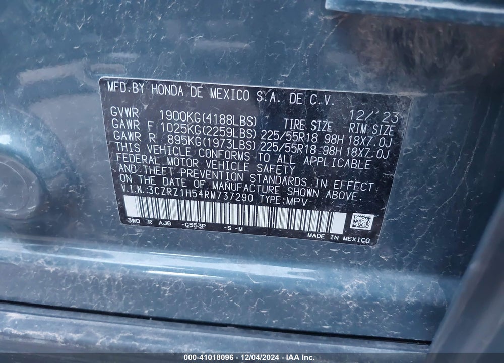 2024 HONDA HR-V 2WD SPORT/2WD SPORT W/O BSI VIN: 3CZRZ1H54RM737290