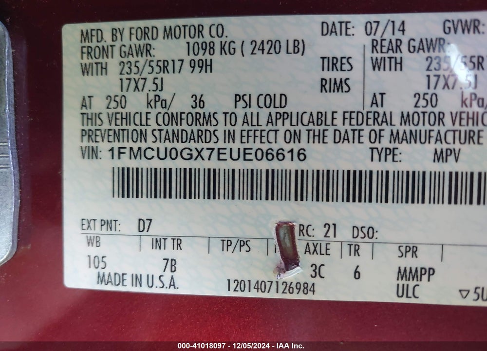2014 FORD ESCAPE SE VIN: 1FMCU0GX7EUE06616