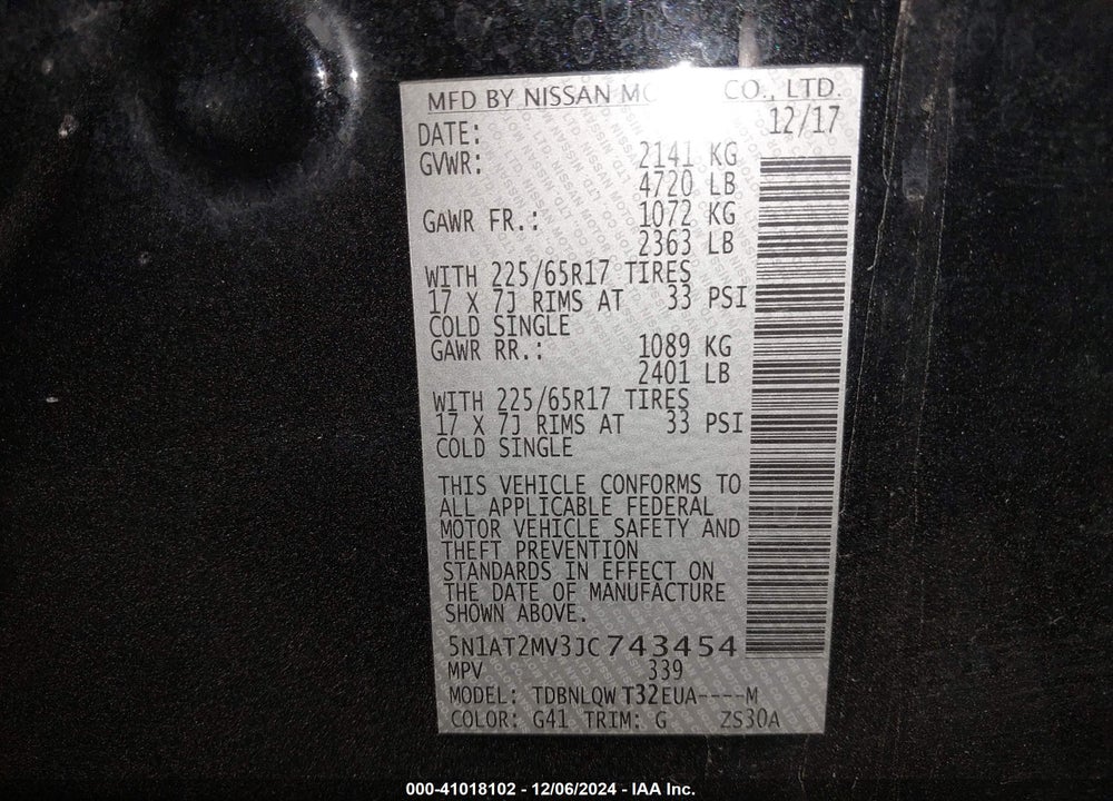 2018 NISSAN ROGUE SV VIN: 5N1AT2MV3JC743454