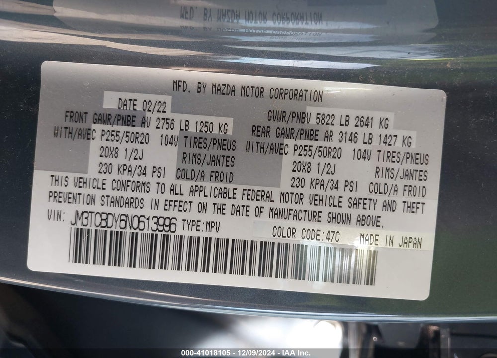2022 MAZDA CX-9 CARBON EDITION VIN: JM3TCBDY6N0613996