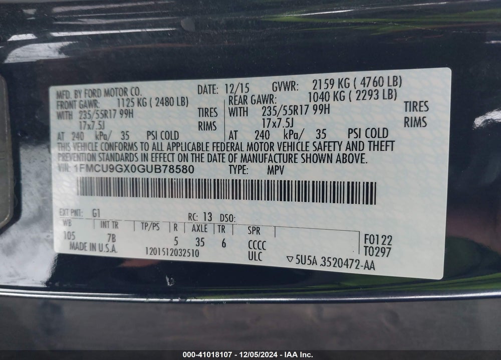 2016 FORD ESCAPE SE VIN: 1FMCU9GX0GUB78580