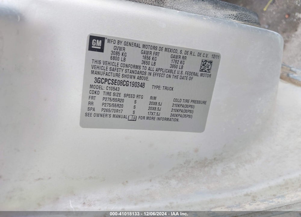 2012 CHEVROLET SILVERADO 1500 LT VIN: 3GCPCSE08CG190348