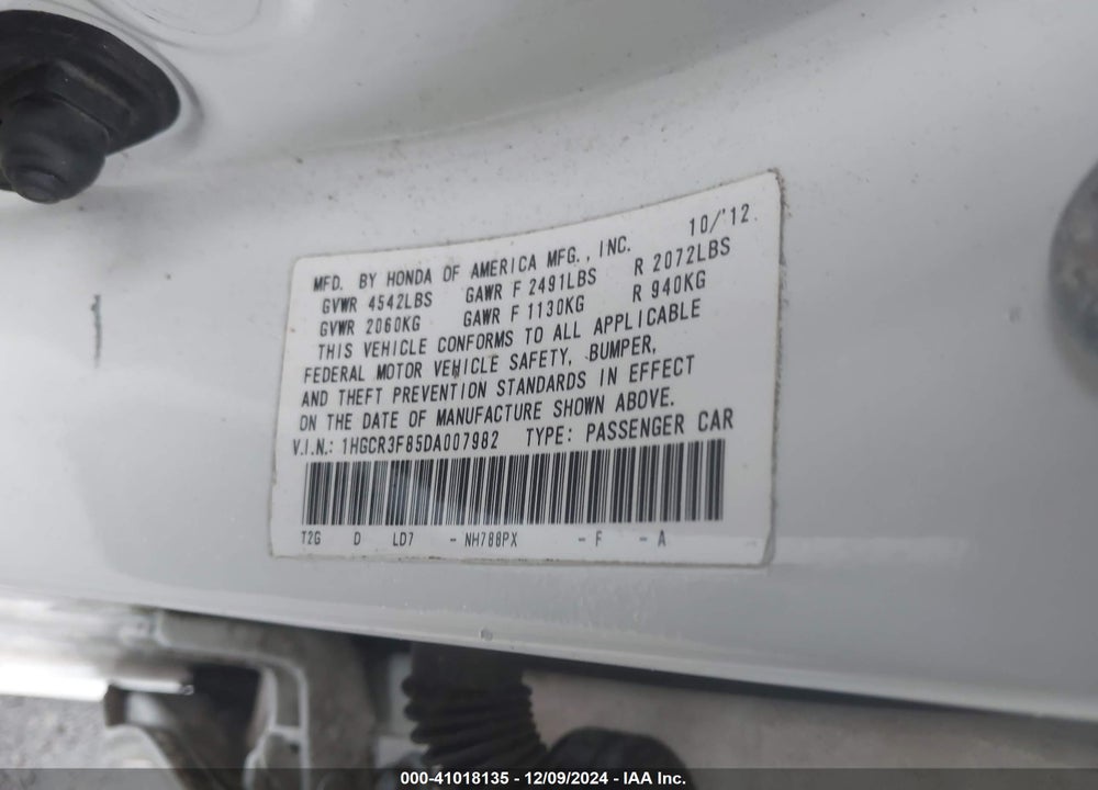 2013 HONDA ACCORD EX-L V-6 VIN: 1HGCR3F85DA007982