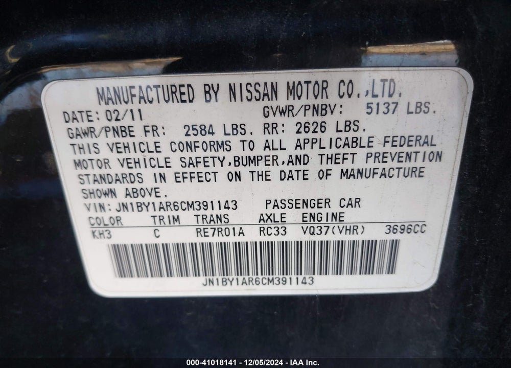 2012 INFINITI M37X VIN: JN1BY1AR6CM391143