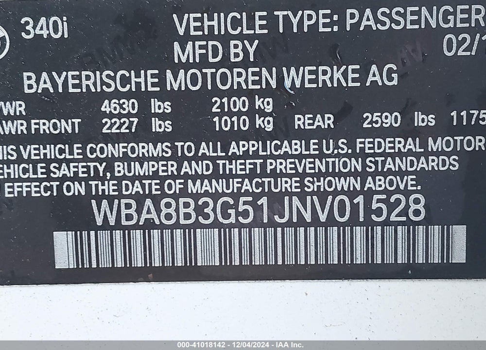 2018 BMW 340I VIN: WBA8B3G51JNV01528