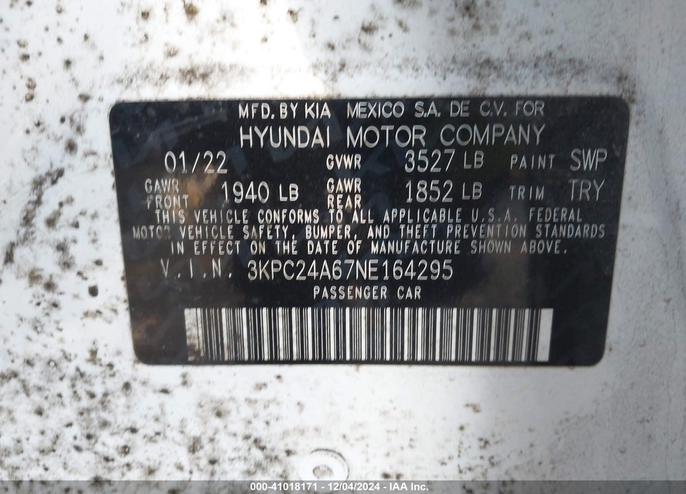 2022 HYUNDAI ACCENT SE VIN: 3KPC24A67NE164295