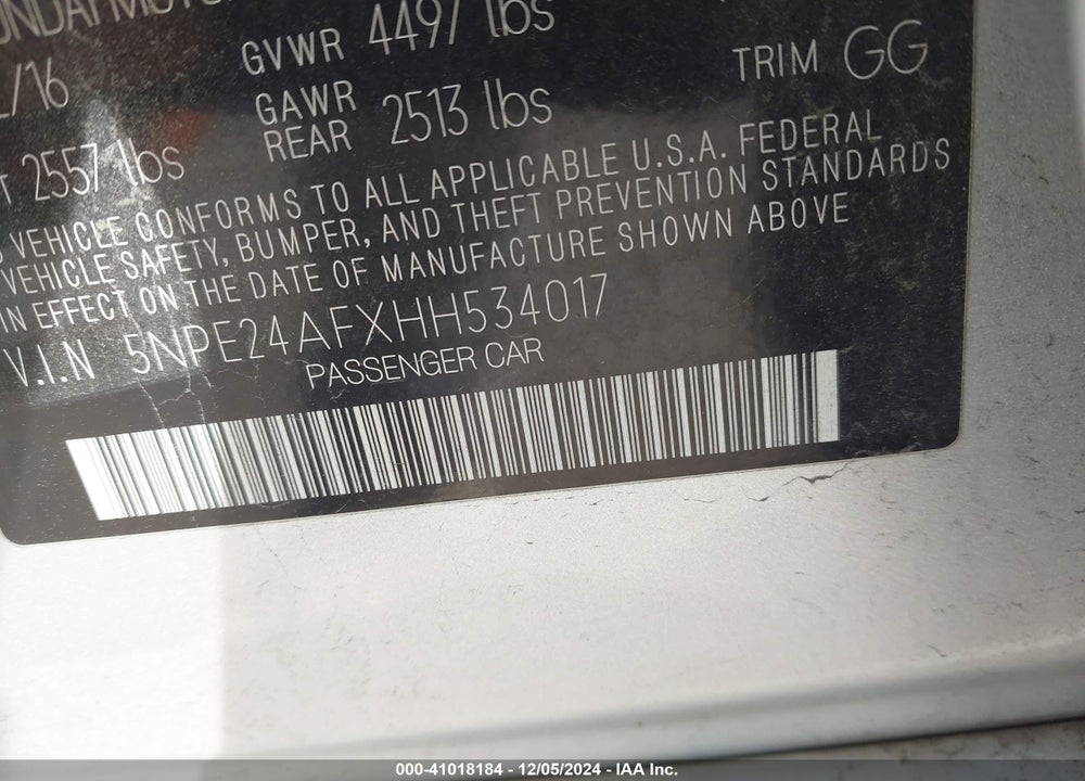 2017 HYUNDAI SONATA VIN: 5NPE24AFXHH534017