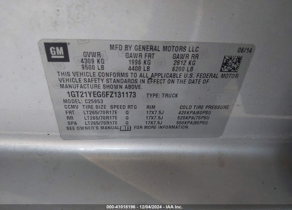 2015 GMC SIERRA 2500HD VIN: 1GT21YEG6FZ131173