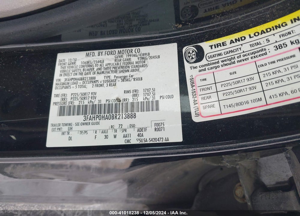 2011 FORD FUSION SE VIN: 3FAHP0HA0BR213888