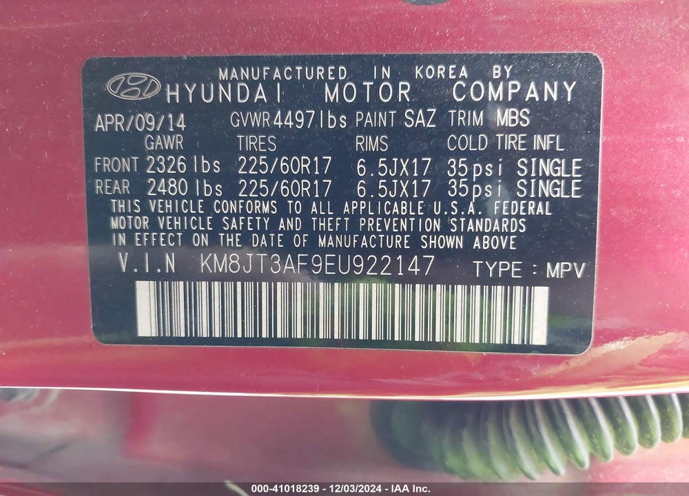 2014 HYUNDAI TUCSON GLS VIN: KM8JT3AF9EU922147