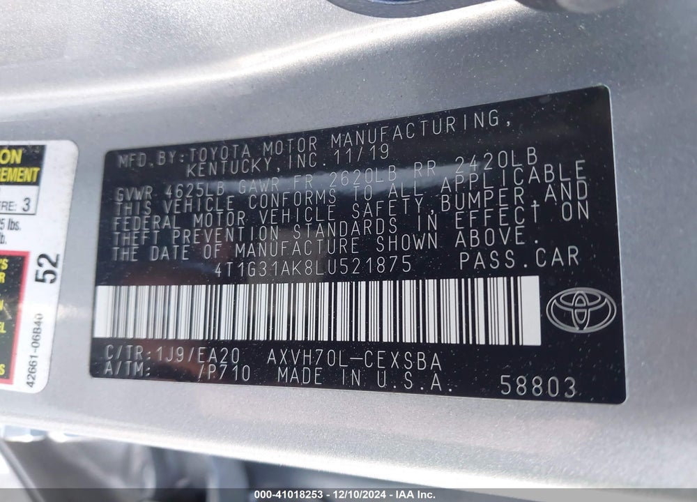 2020 TOYOTA CAMRY SE HYBRID VIN: 4T1G31AK8LU521875