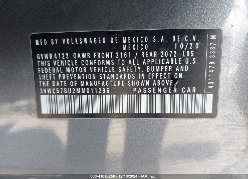 2021 VOLKSWAGEN JETTA 1.4T R-LINE/1.4T S/1.4T SE VIN: 3VWC57BU2MM011296