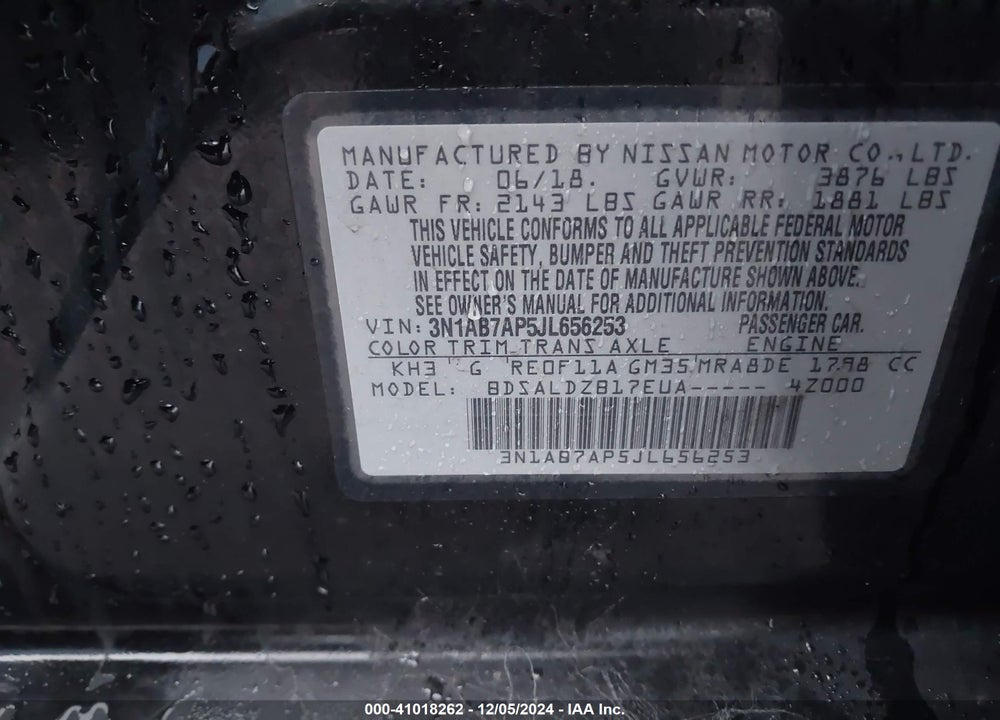 2018 NISSAN SENTRA SV VIN: 3N1AB7AP5JL656253