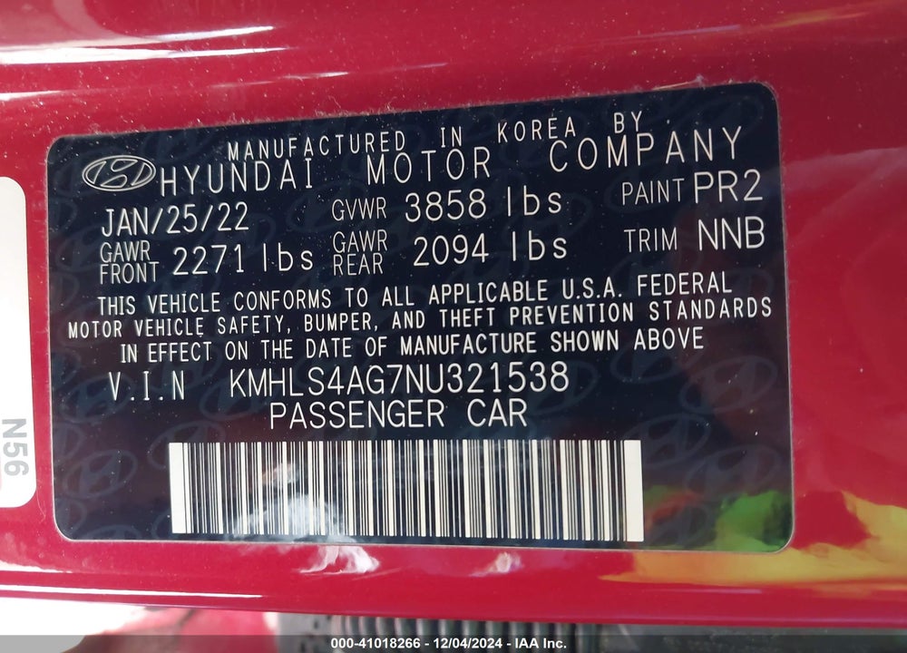 2022 HYUNDAI ELANTRA VIN: KMHLS4AG7NU321538