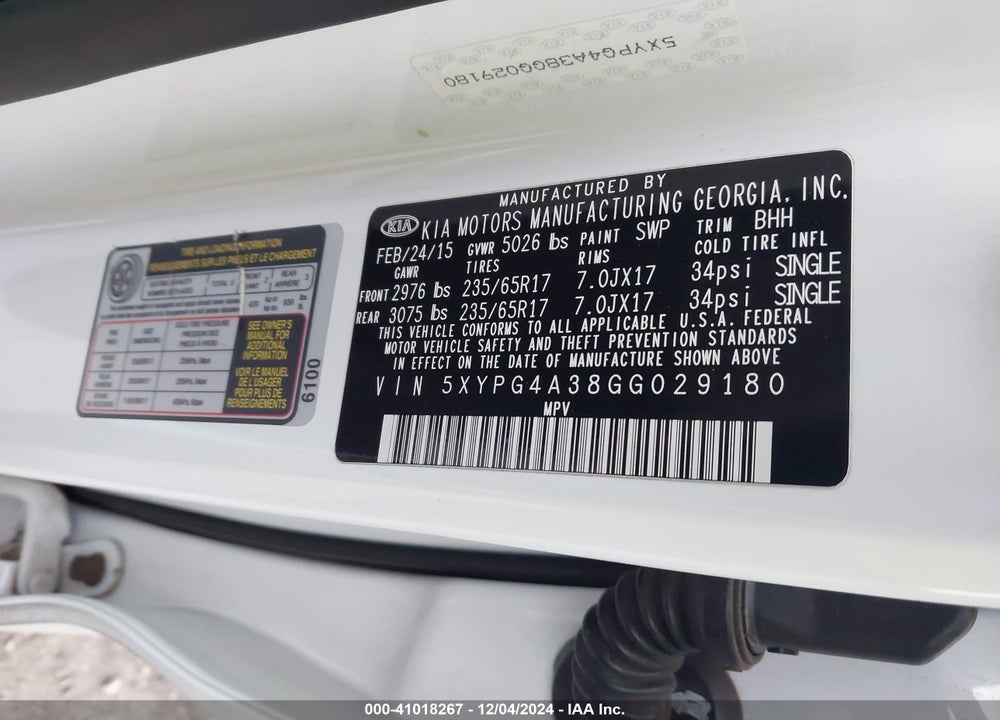 2016 KIA SORENTO 2.4L LX VIN: 5XYPG4A38GG029180