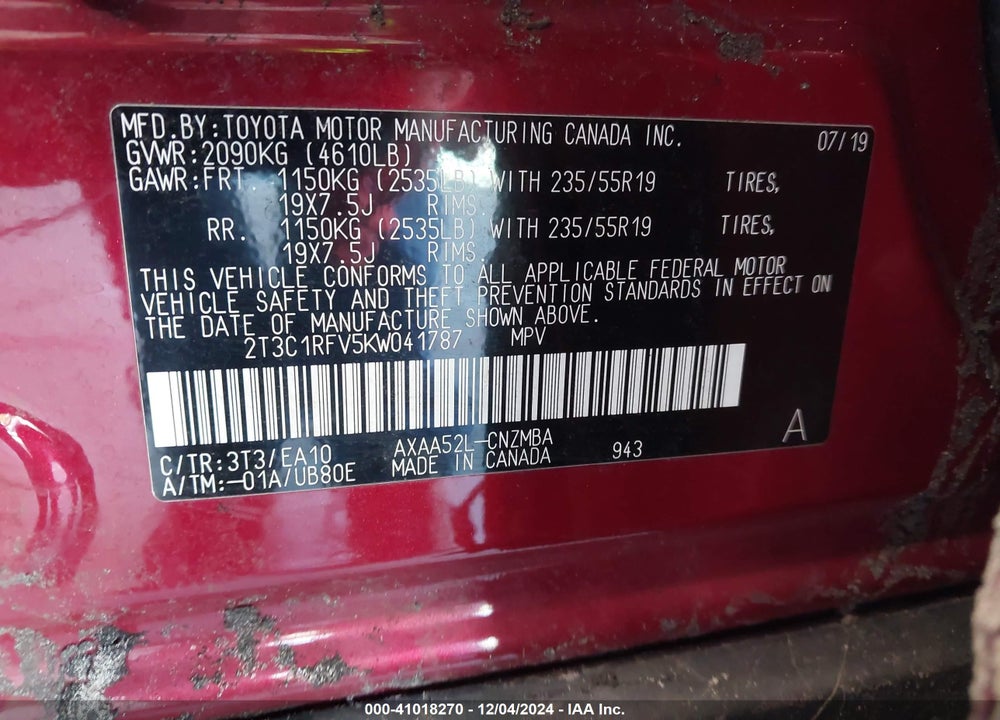 2019 TOYOTA RAV4 XLE PREMIUM VIN: 2T3C1RFV5KW041787