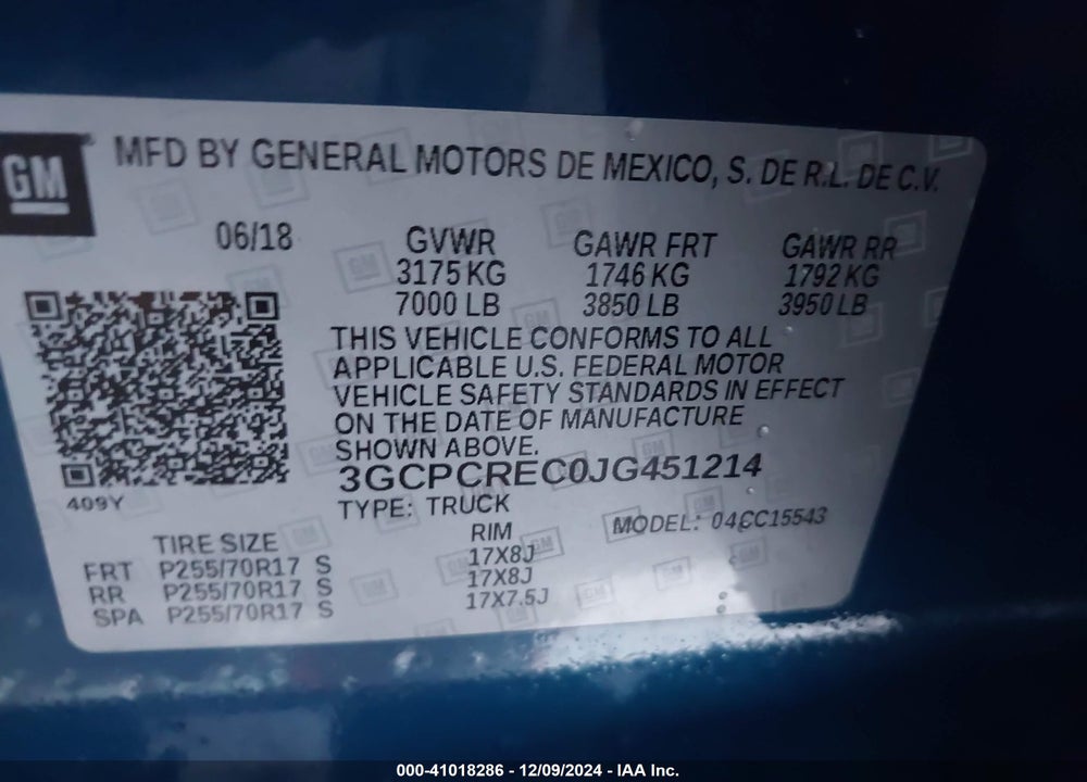 2018 CHEVROLET SILVERADO VIN: 3GCPCREC0JG451214