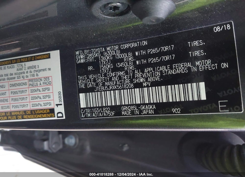 2019 TOYOTA 4RUNNER VIN: JTEBU5JRXK5618208