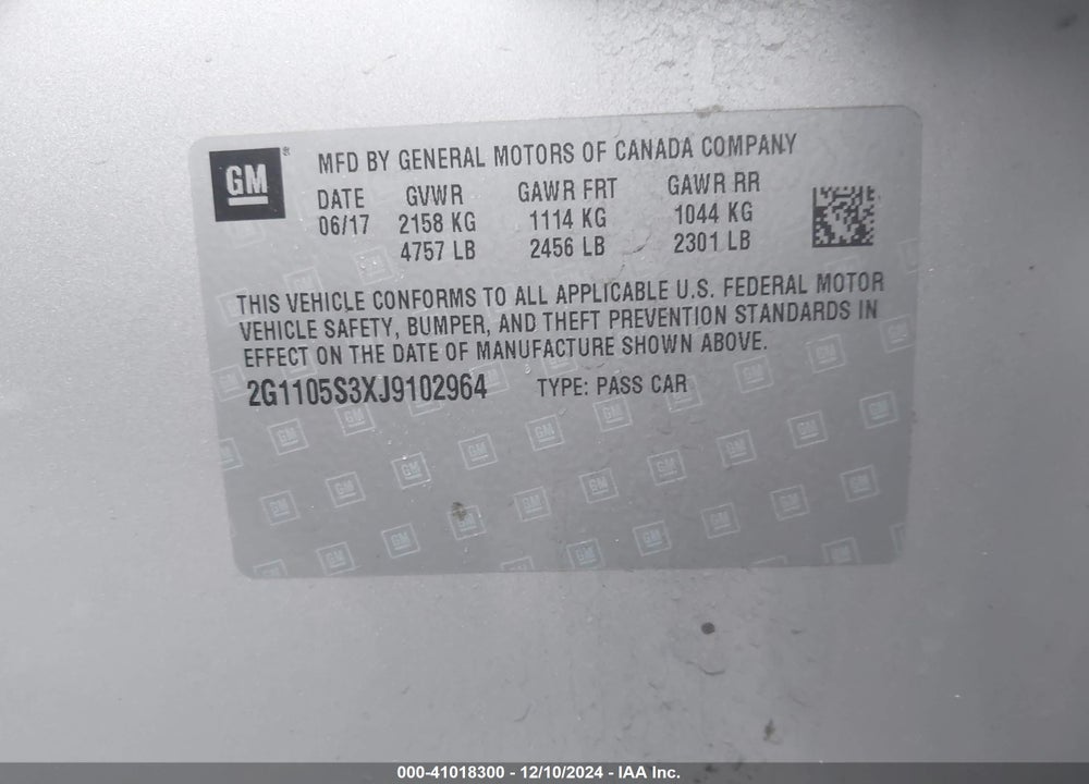 2018 CHEVROLET IMPALA 1LT VIN: 2G1105S3XJ9102964