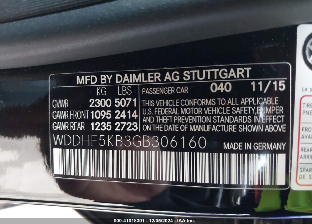 2016 MERCEDES-BENZ E VIN: WDDHF5KB3GB306160