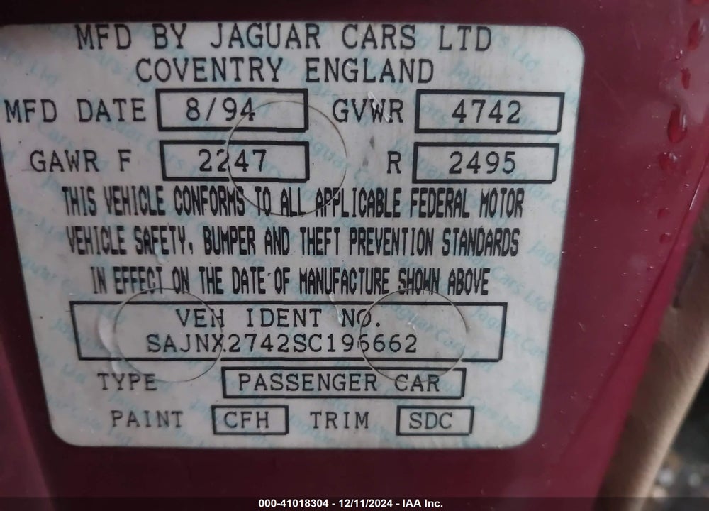 1995 JAGUAR XJS 2+2 VIN: SAJNX2742SC196662