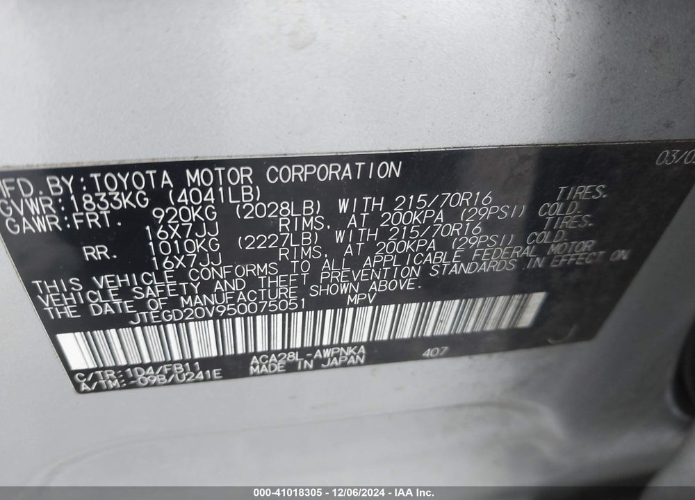 2005 TOYOTA RAV4 VIN: JTEGD20V950075051
