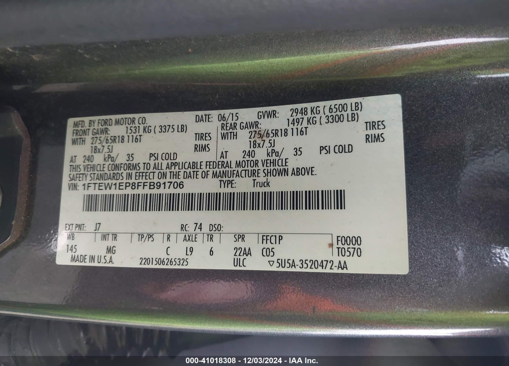 2015 FORD F-150 XLT VIN: 1FTEW1EP8FFB91706