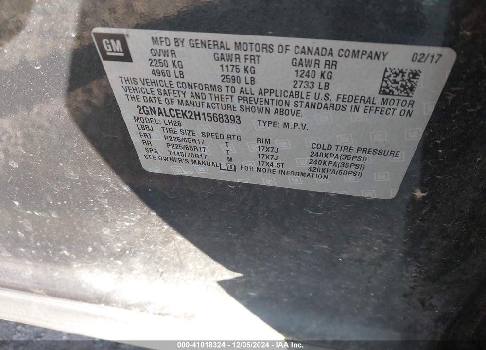 2017 CHEVROLET EQUINOX LT VIN: 2GNALCEK2H1568393