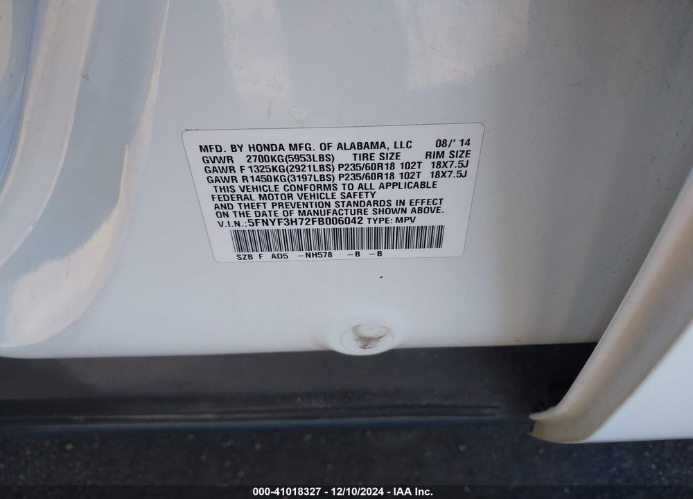 2015 HONDA PILOT EX-L VIN: 5FNYF3H72FB006042