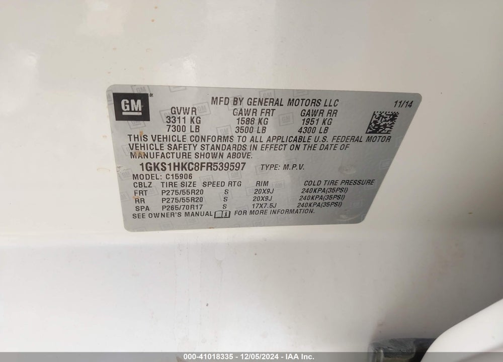 2015 GMC YUKON XL 1500 SLT VIN: 1GKS1HKC8FR539597