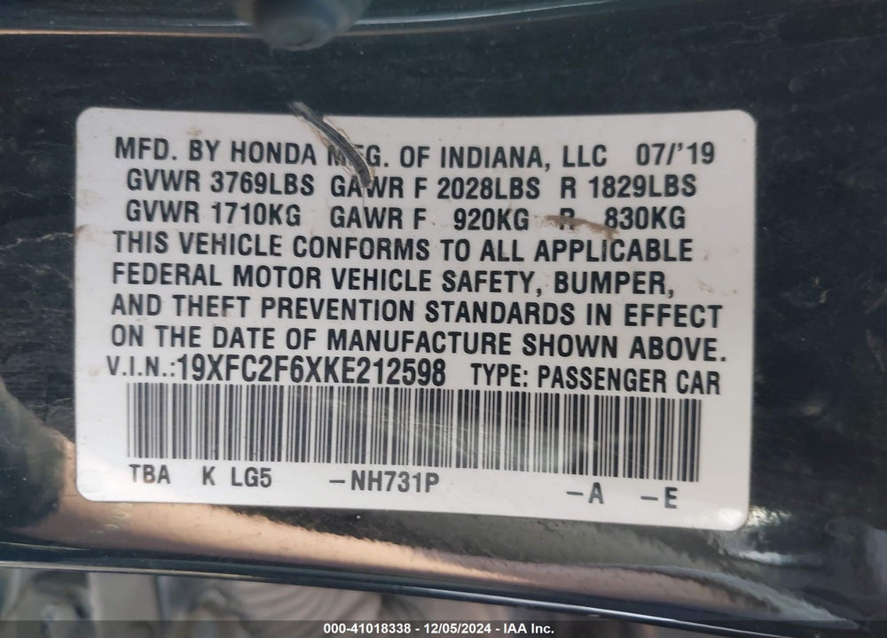 2019 HONDA CIVIC LX VIN: 19XFC2F6XKE212598