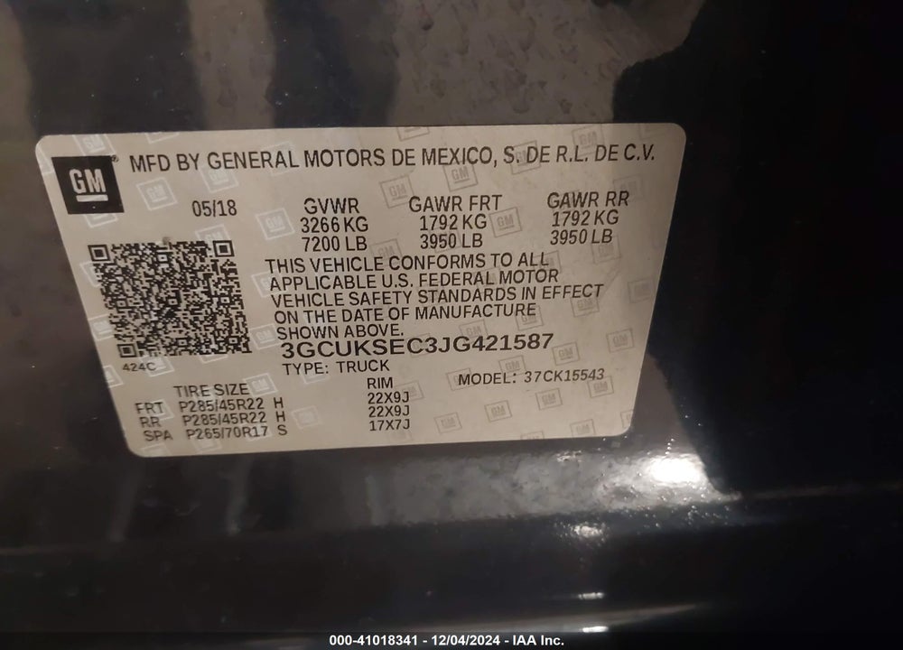 2018 CHEVROLET SILVERADO VIN: 3GCUKSEC3JG421587