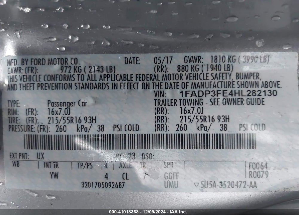 2017 FORD FOCUS VIN: 1FADP3FE4HL282130