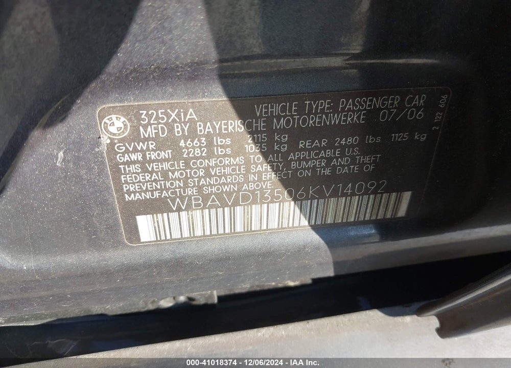 2006 BMW 325XI VIN: WBAVD13506KV14092