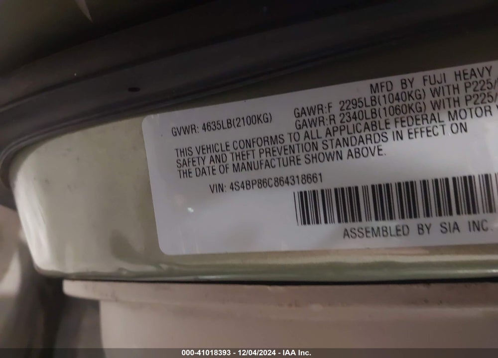 2006 SUBARU OUTBACK 3.0R L.L. BEAN EDITION VIN: 4S4BP86C864318661