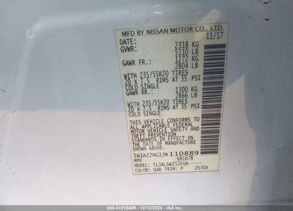 2018 NISSAN MURANO PLATINUM VIN: 5N1AZ2MG1JN110889