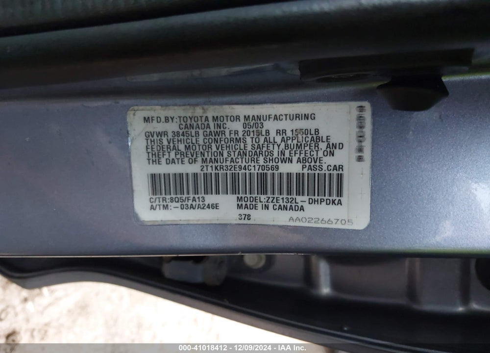 2004 TOYOTA MATRIX STANDARD VIN: 2T1KR32E94C170569