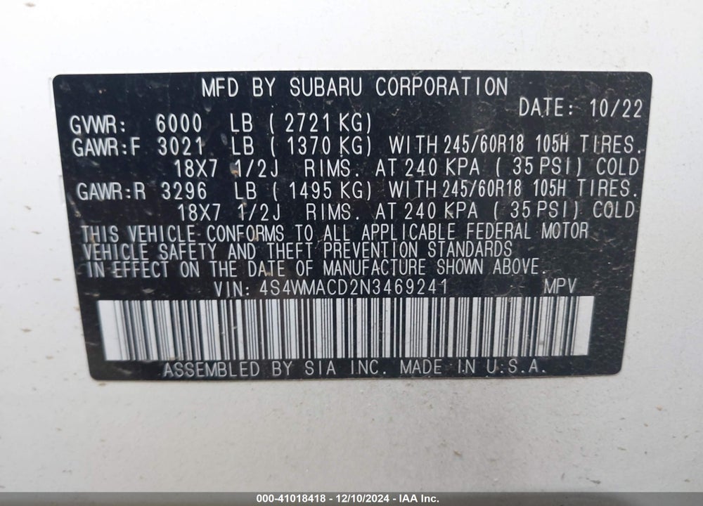 2022 SUBARU ASCENT PREMIUM VIN: 4S4WMACD2N3469241