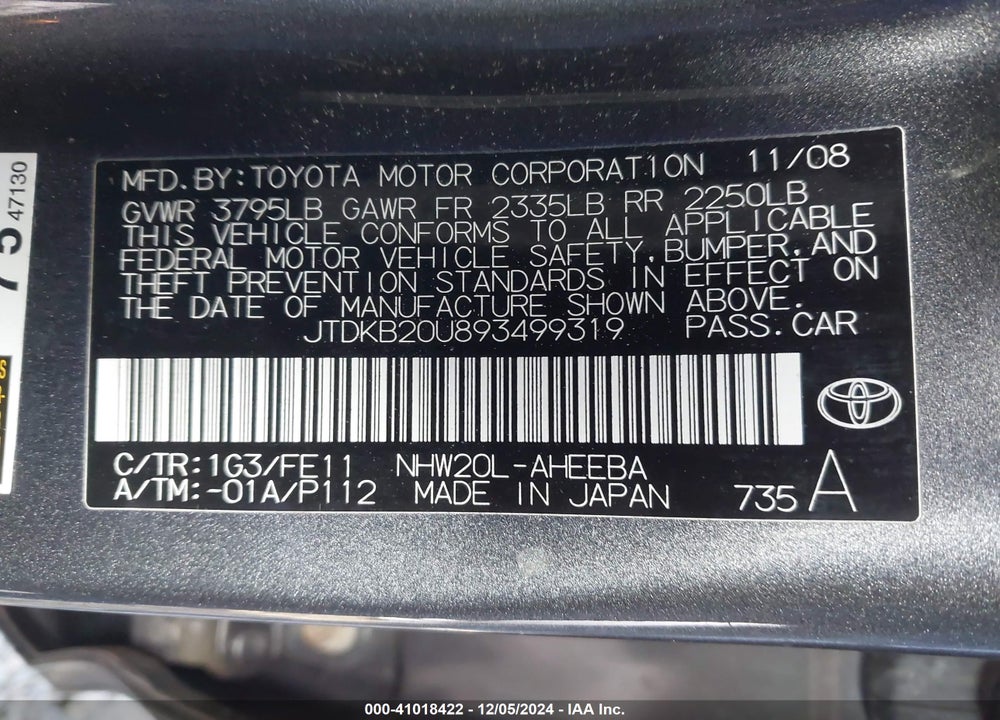 2009 TOYOTA PRIUS VIN: JTDKB20U893499319