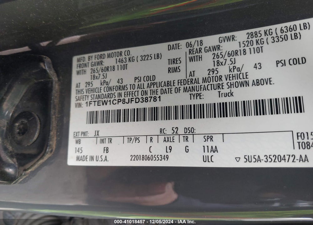 2018 FORD F-150 VIN: 1FTEW1CP8JFD38781