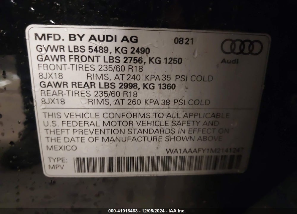 2021 AUDI Q5 PREMIUM 45 TFSI QUATTRO S TRONIC VIN: WA1AAAFY1M2141247