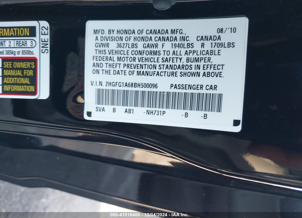 2011 HONDA CIVIC LX VIN: 2HGFG1A68BH500096