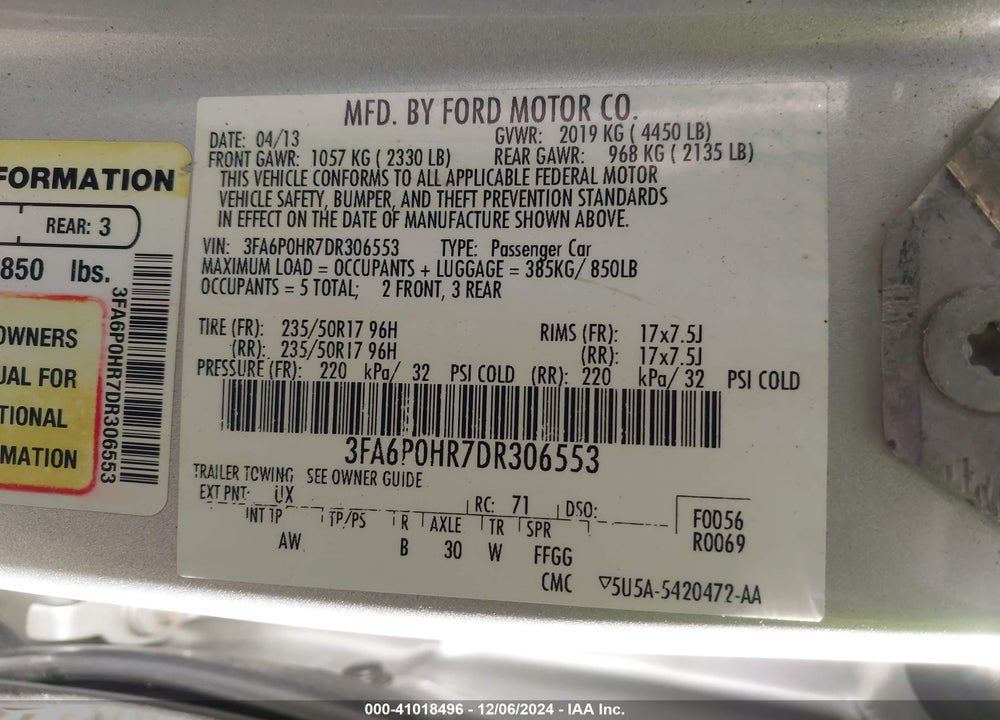 2013 FORD FUSION SE VIN: 3FA6P0HR7DR306553