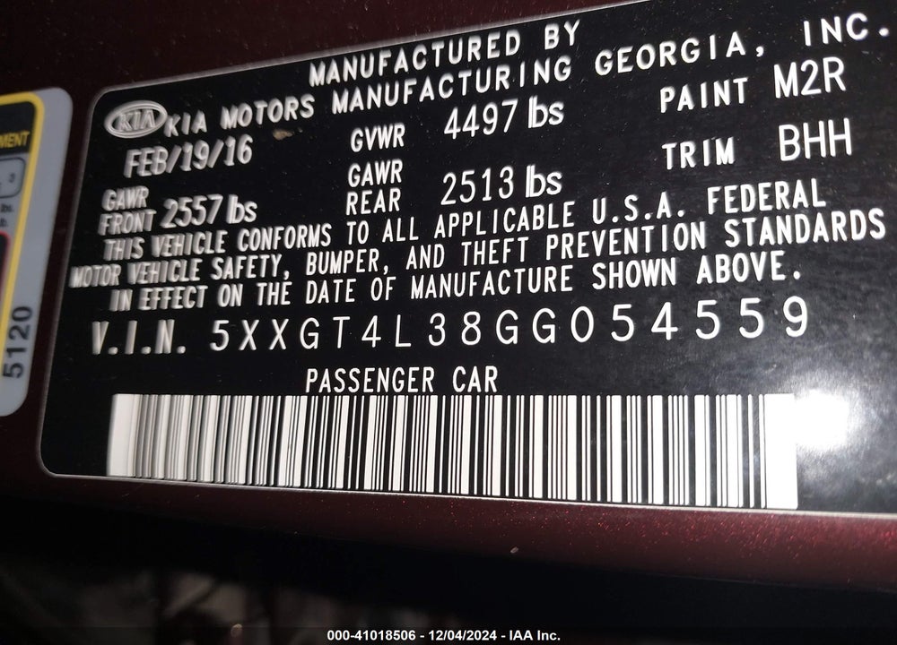 2016 KIA OPTIMA VIN: 5XXGT4L38GG054559