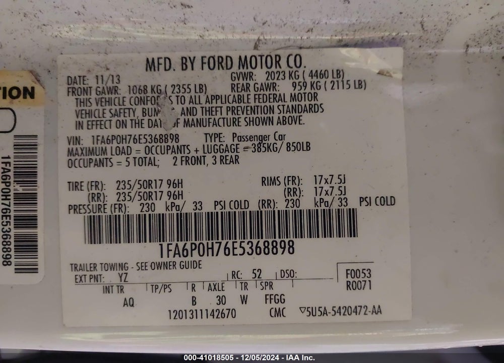 2014 FORD FUSION VIN: 1FA6P0H76E5368898