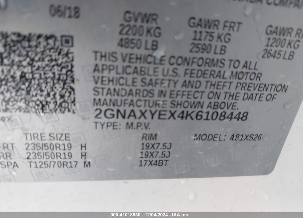 2019 CHEVROLET EQUINOX PREMIER VIN: 2GNAXYEX4K6108448
