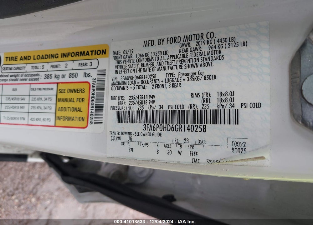 2016 FORD FUSION VIN: 3FA6P0HD6GR140258