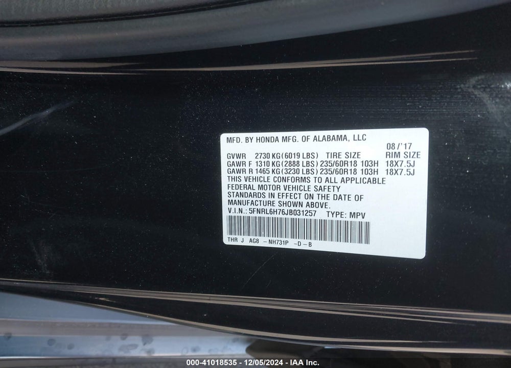 2018 HONDA ODYSSEY EX-L VIN: 5FNRL6H76JB031257